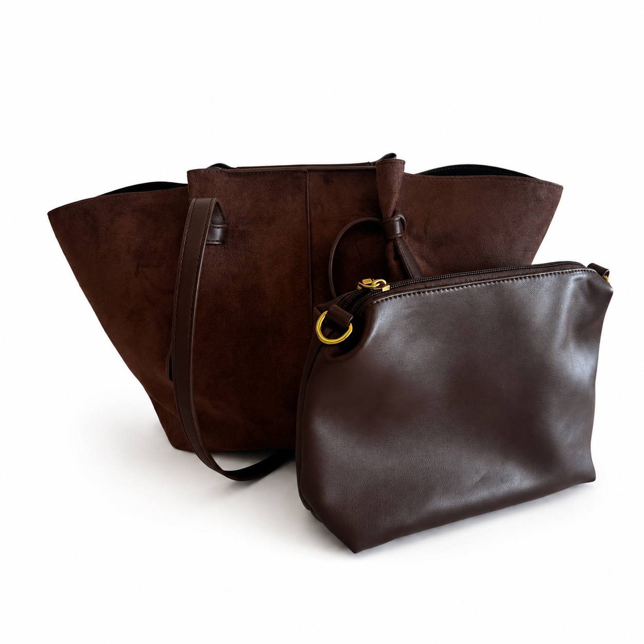 Bolso Tote Marrón de Ante con Neceser Interior